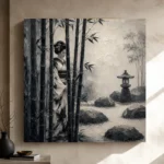Ash Gray Bamboo Monochrome Geisha Art Canvas Print - Image 9