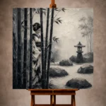 Ash Gray Bamboo Monochrome Geisha Art Canvas Print - Image 10