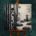 Ash Gray Bamboo Monochrome Geisha Art Canvas Print - Image 11