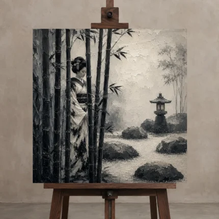 Ash Gray Bamboo Monochrome Geisha Art Canvas Print shown in Studio Easel