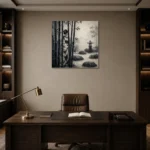 Ash Gray Bamboo Monochrome Geisha Art Canvas Print displayed in a contemporary gallery-inspired room