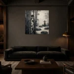 Ash Gray Bamboo Monochrome Geisha Art Canvas Print shown in a warm modern interior