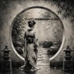 Pale Silver Moon Gate Monochrome Geisha Art Canvas Print