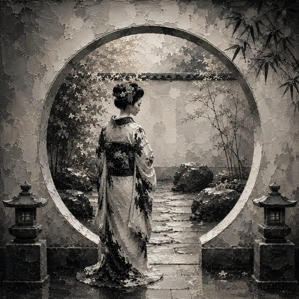 Pale Silver Moon Gate Monochrome Geisha Art Canvas Print