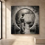 Pale silver and graphite gray Monochrome Geisha Art print for elegant interiors. No text or watermarks in design.