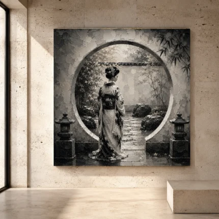 Pale silver and graphite gray Monochrome Geisha Art print for elegant interiors. No text or watermarks in design.