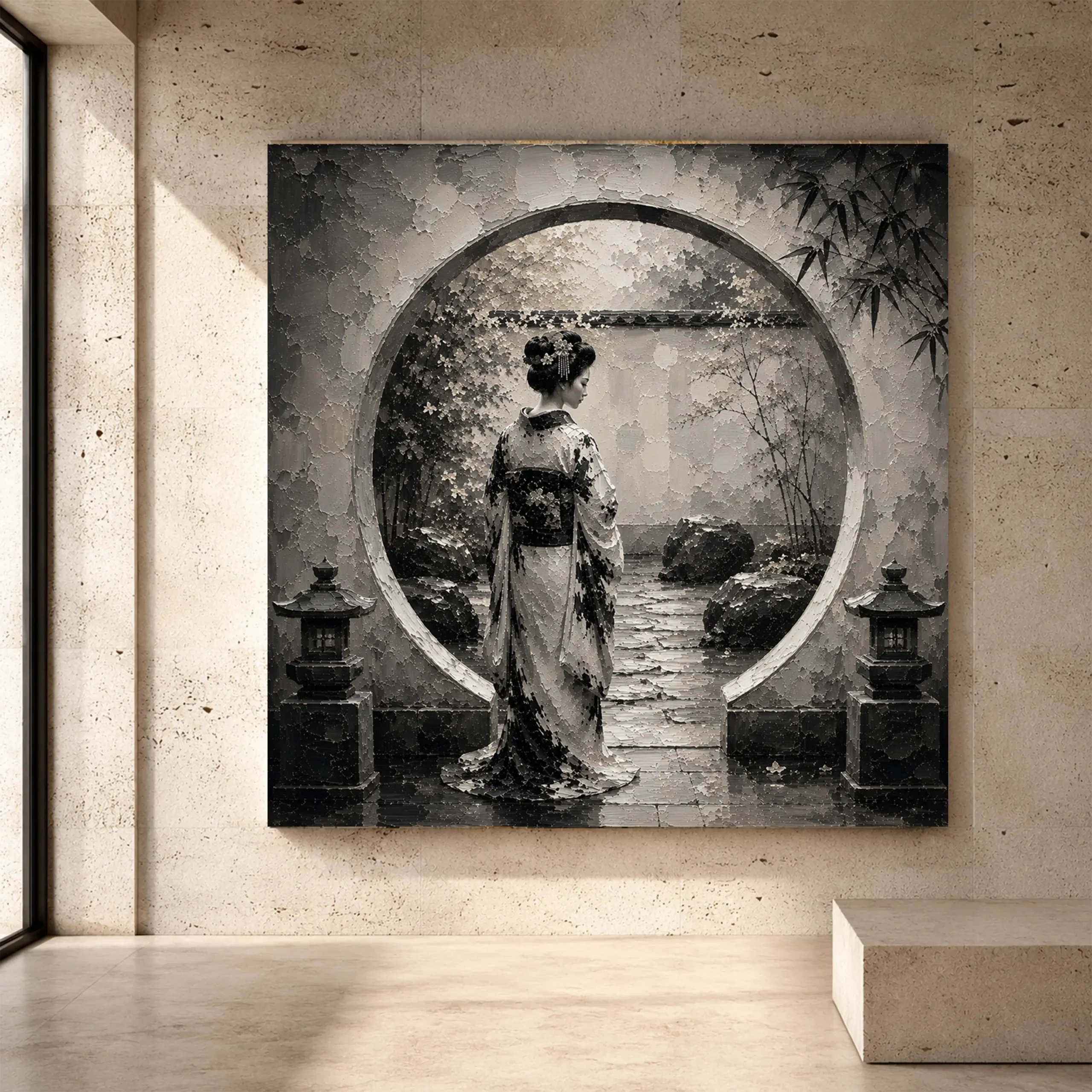 Premium Wall Art Kare Html Edition – GYSHA083 Image 1 Pale silver and graphite gray Monochrome Geisha Art print for elegant interiors. No text or watermarks in design.