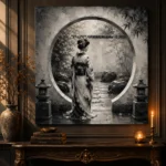 Pale Silver Moon Gate Monochrome Geisha Art Canvas Print - Image 2
