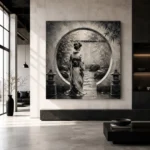 Pale Silver Moon Gate Monochrome Geisha Art Canvas Print - Image 3