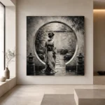 Pale Silver Moon Gate Monochrome Geisha Art Canvas Print - Image 4