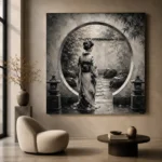 Pale Silver Moon Gate Monochrome Geisha Art Canvas Print - Image 5