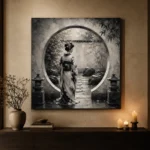 Pale Silver Moon Gate Monochrome Geisha Art Canvas Print - Image 6