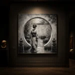 Pale Silver Moon Gate Monochrome Geisha Art Canvas Print - Image 7
