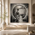 Pale Silver Moon Gate Monochrome Geisha Art Canvas Print - Image 8