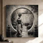 Pale Silver Moon Gate Monochrome Geisha Art Canvas Print - Image 9