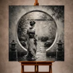 Pale Silver Moon Gate Monochrome Geisha Art Canvas Print - Image 10