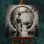 Pale Silver Moon Gate Monochrome Geisha Art Canvas Print - Image 11