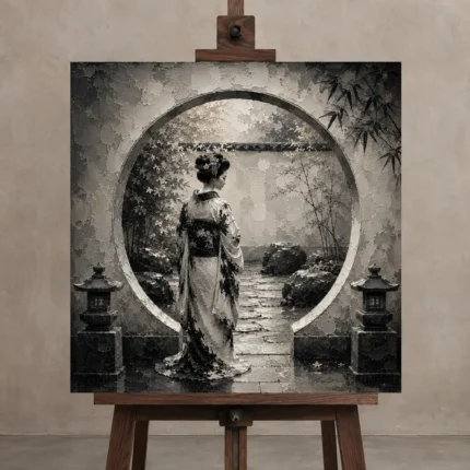 Pale Silver Moon Gate Monochrome Geisha Art Canvas Print displayed on a studio easel