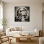 Pale Silver Moon Gate Monochrome Geisha Art Canvas Print styled in a refined neutral interior