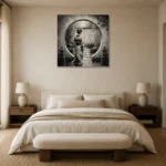 Pale Silver Moon Gate Monochrome Geisha Art Canvas Print showcased in an elegant minimalist interior