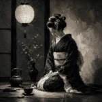 Graphite Lantern Chiaroscuro Monochrome Geisha Art Canvas Print