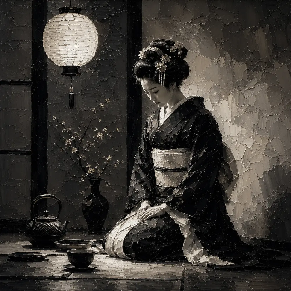 Graphite Lantern Chiaroscuro Monochrome Geisha Art Canvas Print