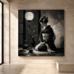 Graphite chiaroscuro Monochrome Geisha Art print for elegant interiors. No text or watermarks in design.