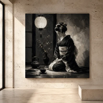 Graphite chiaroscuro Monochrome Geisha Art print for elegant interiors. No text or watermarks in design.