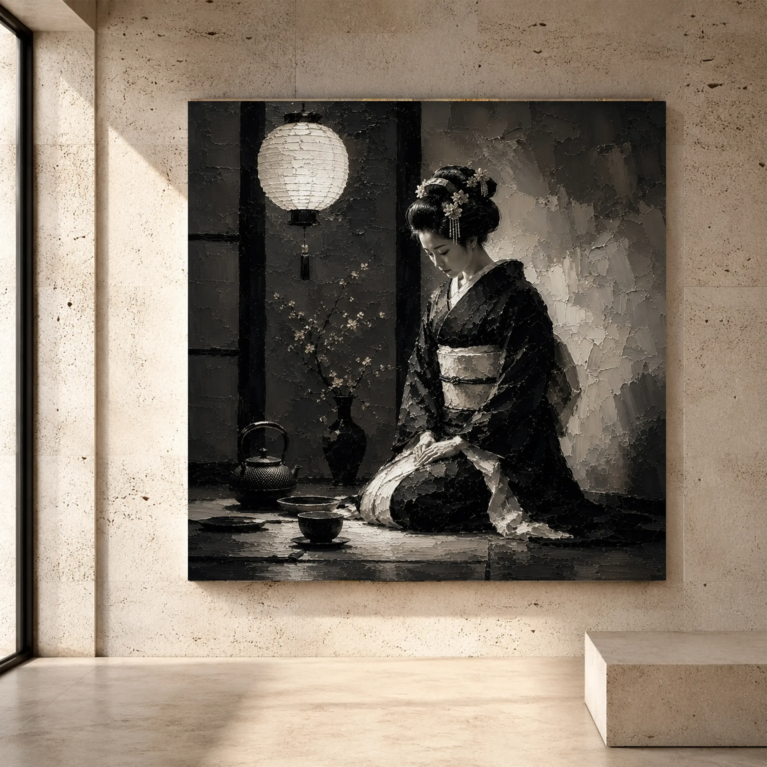 Premium Wall Art Kare Html Edition – GYSHA084 Image 1 Graphite chiaroscuro Monochrome Geisha Art print for elegant interiors. No text or watermarks in design.