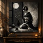Graphite Lantern Chiaroscuro Monochrome Geisha Art Canvas Print - Image 2