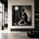 Graphite Lantern Chiaroscuro Monochrome Geisha Art Canvas Print - Image 3