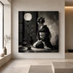 Graphite Lantern Chiaroscuro Monochrome Geisha Art Canvas Print - Image 4