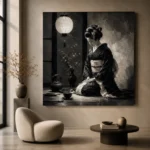 Graphite Lantern Chiaroscuro Monochrome Geisha Art Canvas Print - Image 5