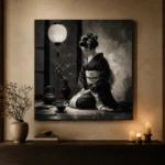Graphite Lantern Chiaroscuro Monochrome Geisha Art Canvas Print - Image 6