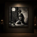 Graphite Lantern Chiaroscuro Monochrome Geisha Art Canvas Print - Image 7
