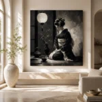 Graphite Lantern Chiaroscuro Monochrome Geisha Art Canvas Print - Image 8