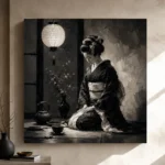 Graphite Lantern Chiaroscuro Monochrome Geisha Art Canvas Print - Image 9