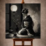 Graphite Lantern Chiaroscuro Monochrome Geisha Art Canvas Print - Image 10