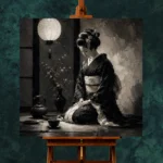 Graphite Lantern Chiaroscuro Monochrome Geisha Art Canvas Print - Image 11