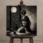 Graphite Lantern Chiaroscuro Monochrome Geisha Art Canvas Print displayed on a studio easel