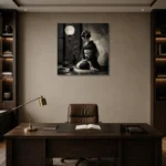 Graphite Lantern Chiaroscuro Monochrome Geisha Art Canvas Print displayed in a contemporary gallery-inspired room