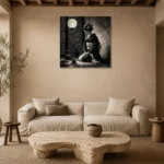 Graphite Lantern Chiaroscuro Monochrome Geisha Art Canvas Print presented in a sophisticated home setting