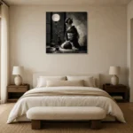 Graphite Lantern Chiaroscuro Monochrome Geisha Art Canvas Print showcased in an elegant minimalist interior