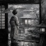 Cool Silver Rain Monochrome Geisha Art Canvas Print