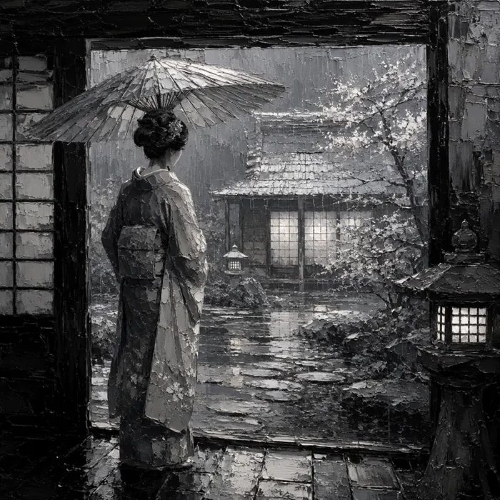 Cool Silver Rain Monochrome Geisha Art Canvas Print
