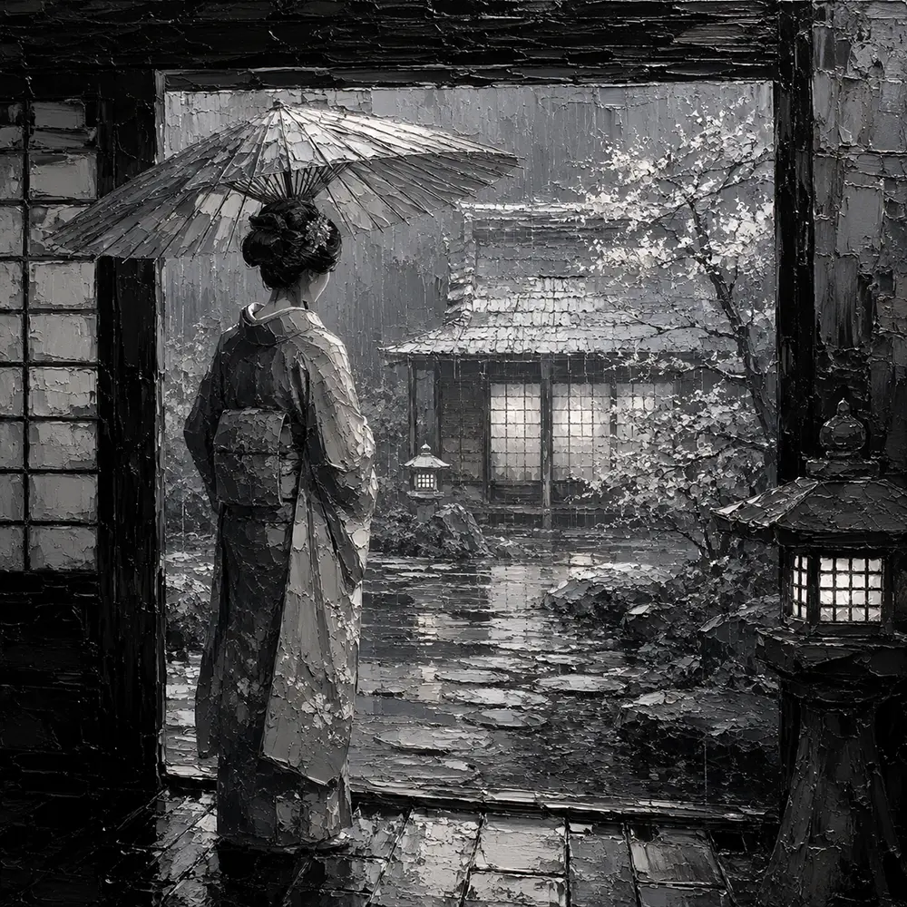 Cool Silver Rain Monochrome Geisha Art Canvas Print
