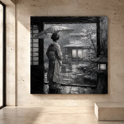 Cool silver Monochrome Geisha Art print for elegant interiors. No text or watermarks in design.