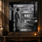 Cool Silver Rain Monochrome Geisha Art Canvas Print - Image 2