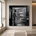 Cool Silver Rain Monochrome Geisha Art Canvas Print - Image 4