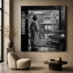 Cool Silver Rain Monochrome Geisha Art Canvas Print - Image 5